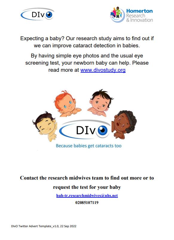We are running the DIvO study at <a href="/NHSHomerton/">HHFT</a>! The study aims to discover if we can improve #cataract detection in babies. 

For more information, please visit the study webpage: divostudy.org 

Or contact our Research Midwives on huh-tr.researchmidwives@nhs.net