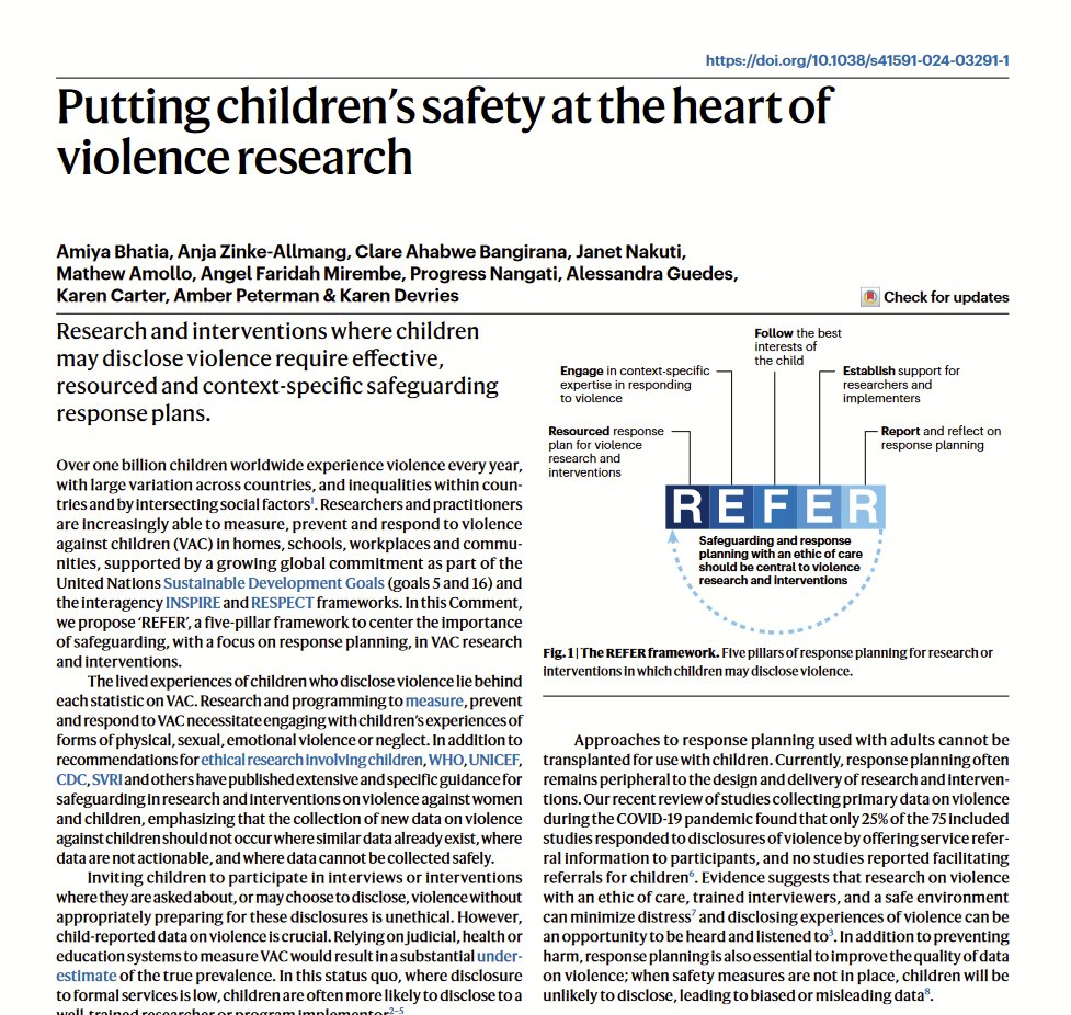 As we kick off #SVRIForum24 🇿🇦 ~ pleased to share a new <a href="/NatureMedicine/">Nature Medicine</a> piece w/ <a href="/amiyabhatia/">Amiya Bhatia</a> &amp; co:

"Putting children's safety at the heart of violence research" 

We introduce "REFER": 5⃣ pillars to guide safeguarding + response planning in research //

nature.com/articles/s4159…