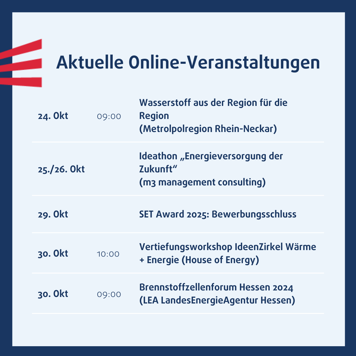 House of Energy e.V. (@hoe_hessen) on Twitter photo Your energy weeks ⚡️
Mit spannenden Terminen von Metropolregion Rhein-Neckar, m3 management consulting, <a href="/dena_news/">dena</a>, <a href="/LEA_Hessen/">LEA Hessen</a> und <a href="/HoE_Hessen/">House of Energy e.V.</a>.
Alle Events📷 house-of-energy.org/veranstaltunge………
#wettbewerb #startups #wärmewende #brennstoffzellen #ideathon #wasserstoff Your energy weeks ⚡️
Mit spannenden Terminen von Metropolregion Rhein-Neckar, m3 management consulting, <a href="/dena_news/">dena</a>, <a href="/LEA_Hessen/">LEA Hessen</a> und <a href="/HoE_Hessen/">House of Energy e.V.</a>.
Alle Events📷 house-of-energy.org/veranstaltunge………
#wettbewerb #startups #wärmewende #brennstoffzellen #ideathon #wasserstoff