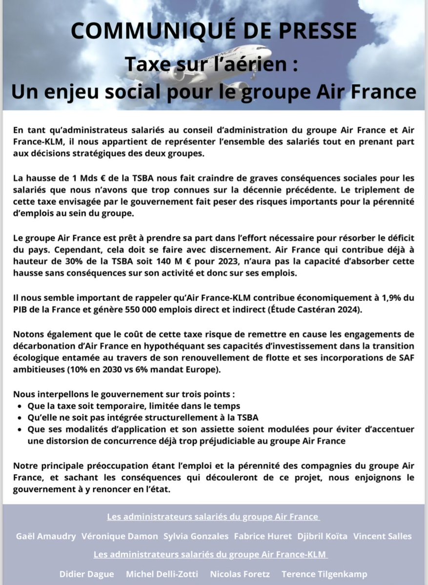 Communiqué de presse de tous les administrateurs représentant les salariés du groupe Air France KLM, contre la hausse de la TSBA, alias Taxe Chirac sur les billets d’avion