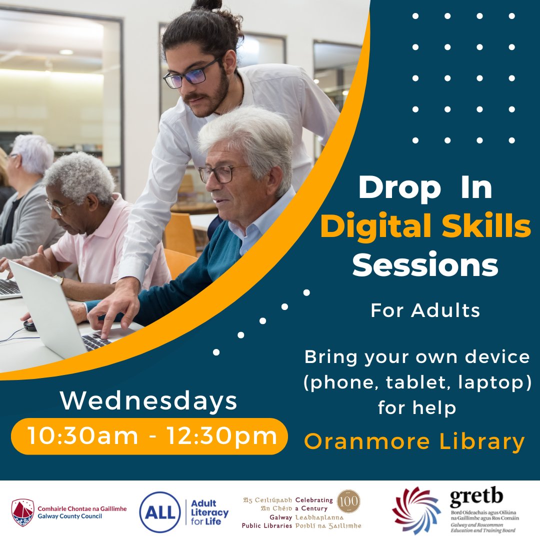 OranmoreLibrary's tweet photo. TOMORROW: 

Members of the public are invited to bring in their own device (phone, tablet, laptop) that they need help with from the tutor. 

Every Wednesday 10:30am to 12:30pm - Oranmore Library     

#DigitalSkills #AdultLiteracyForLife

@LibrariesGalway
@GRETBOfficial https://t.co/PHySSK2Ps1