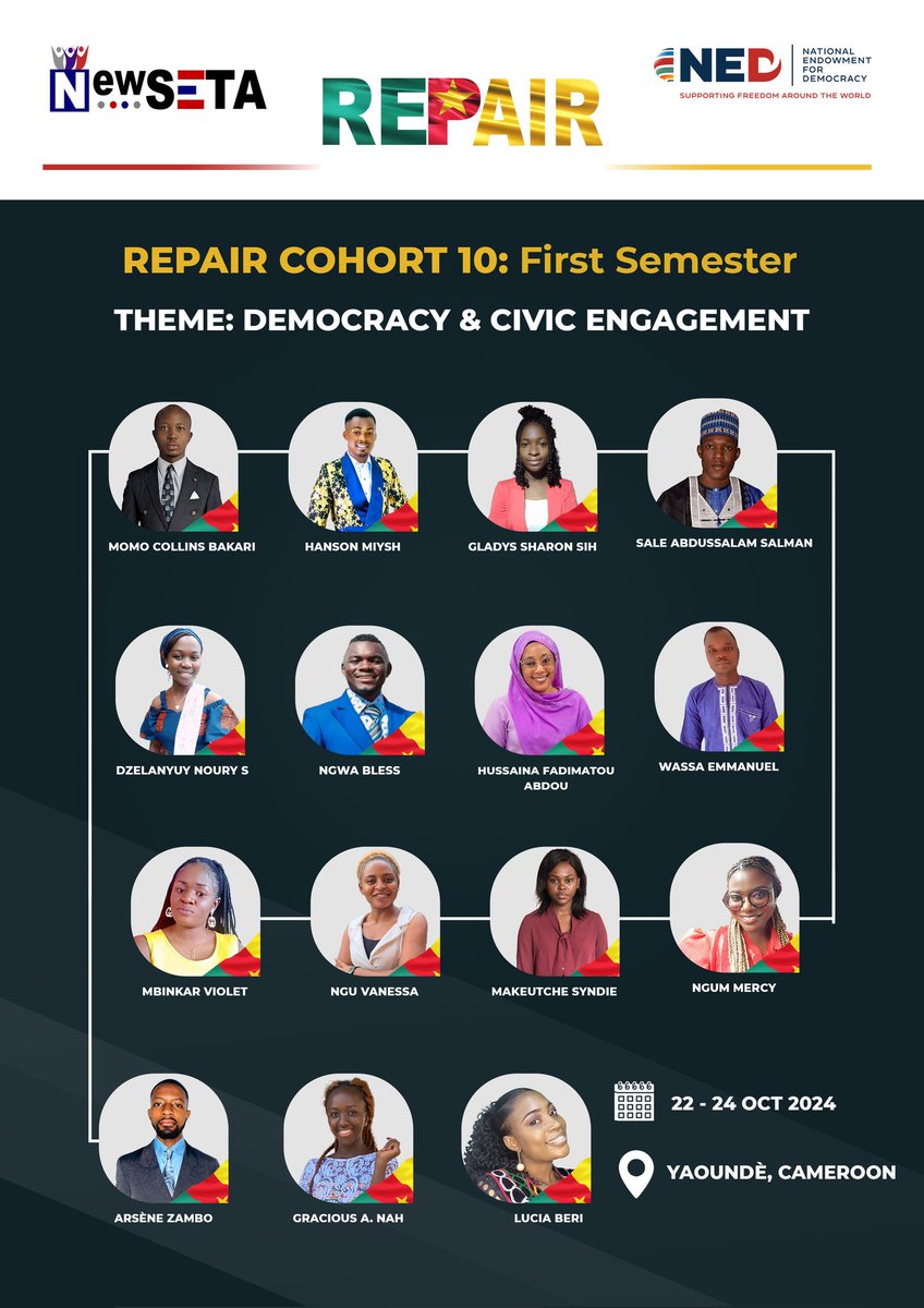 NewSETA's tweet photo. Today, our REPAIR Cohort 10 attendees are gathering in Yaoundé, representing all 10 regions of Cameroon, to kick off the 10th Edition training. We wish them an incredible and transformative three-day experience!
#REPAIR2025
#youthleadership
#peaceanddemocracy
#NEWSETA https://t.co/5BydzgeatA
