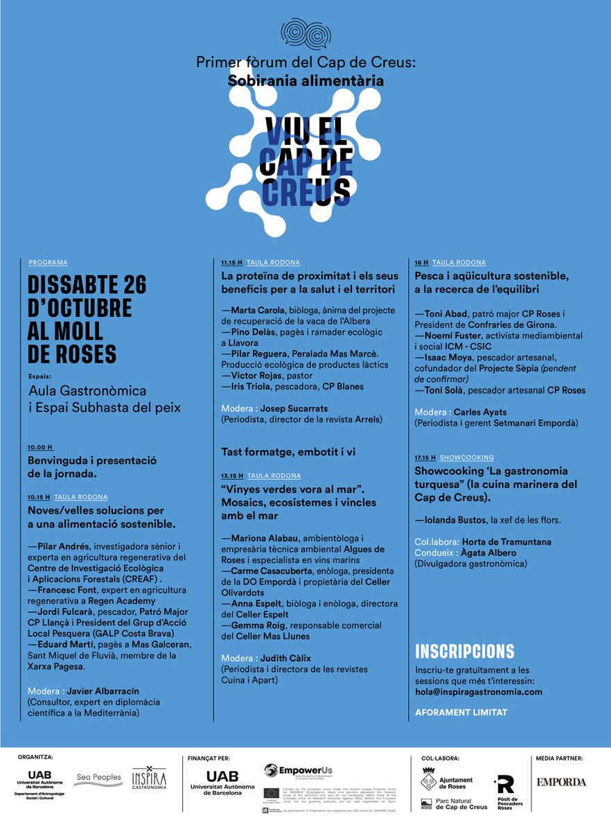 Aquest Cap de setmana estarem al I Fòrum del Cap de Creus: La Sobirania alimentària amb <a href="/Noe_Ona_/">Noe Ona</a>  🐟

🗓️Dissabte 26 d'octubre 
📍Moll de pescadors de Roses
✍🏿Inscripcions: hola@inspiragastronomia.com (indiqueu a quines taules voleu assistir)