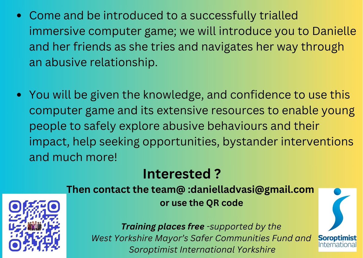 Free training on how to use a Free research based virtual reality game to prevent Adolescent Dating Violence - overview here.
youtube.com/watch?v=nzPT6k…  for full details  danielladvasi@gmail.com