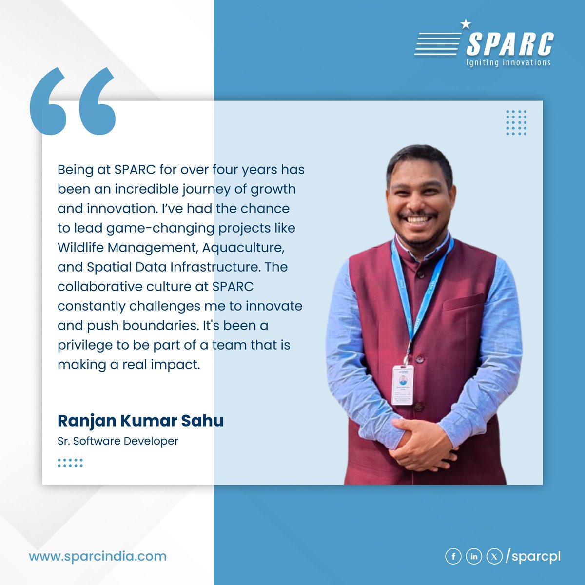 sparcpl's tweet photo. At SPARC, our strength lies in our people. We’re proud to spotlight Ranjan Kumar Sahu, Senior Software Developer, whose innovation and dedication drive us forward.
#SPARCIndia #TeamSPARC #TechLeadership #TechTalent #FutureOfTech #EmployeeSpotlight https://t.co/S6KZQHuS0A