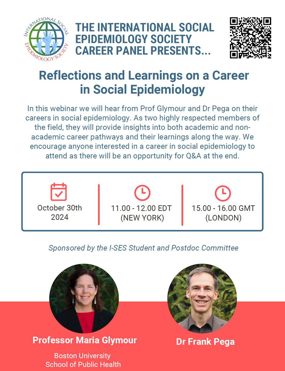 Mary Brushe, PhD (@marybrushe) on Twitter photo 📣 Please share with your students & ECRs interested in #socialepi : social-epi.org/our-events
Upcoming webinar hosted by @ISES_Epi with Prof <a href="/MariaGlymour/">Maria Glymour</a> & Dr Frank Pega to hear about their career journey’s & a chance for a Q&A 😊 #epitwitter 📣 Please share with your students & ECRs interested in #socialepi : social-epi.org/our-events
Upcoming webinar hosted by @ISES_Epi with Prof <a href="/MariaGlymour/">Maria Glymour</a> & Dr Frank Pega to hear about their career journey’s & a chance for a Q&A 😊 #epitwitter
