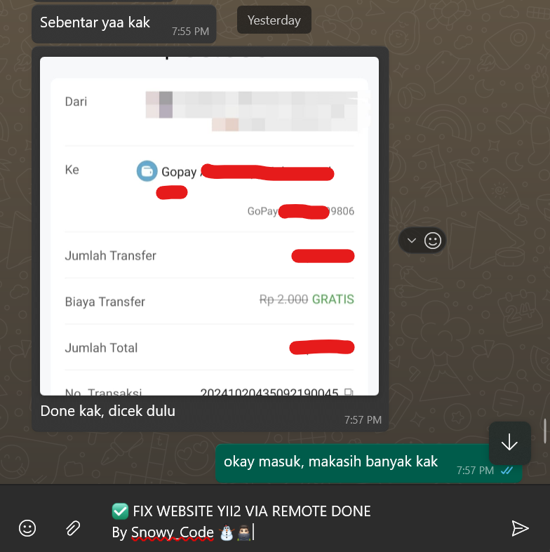Snowy_Code's tweet photo. Update testimoni 20/10/2024

Fix website yii2 remote via anydesk done

#zonaBU #zonauang #zonaba #Zonajajan #jokitugas #jokitugaskuliah #jokicoding #pemrograman https://t.co/JfoQ4naeJh