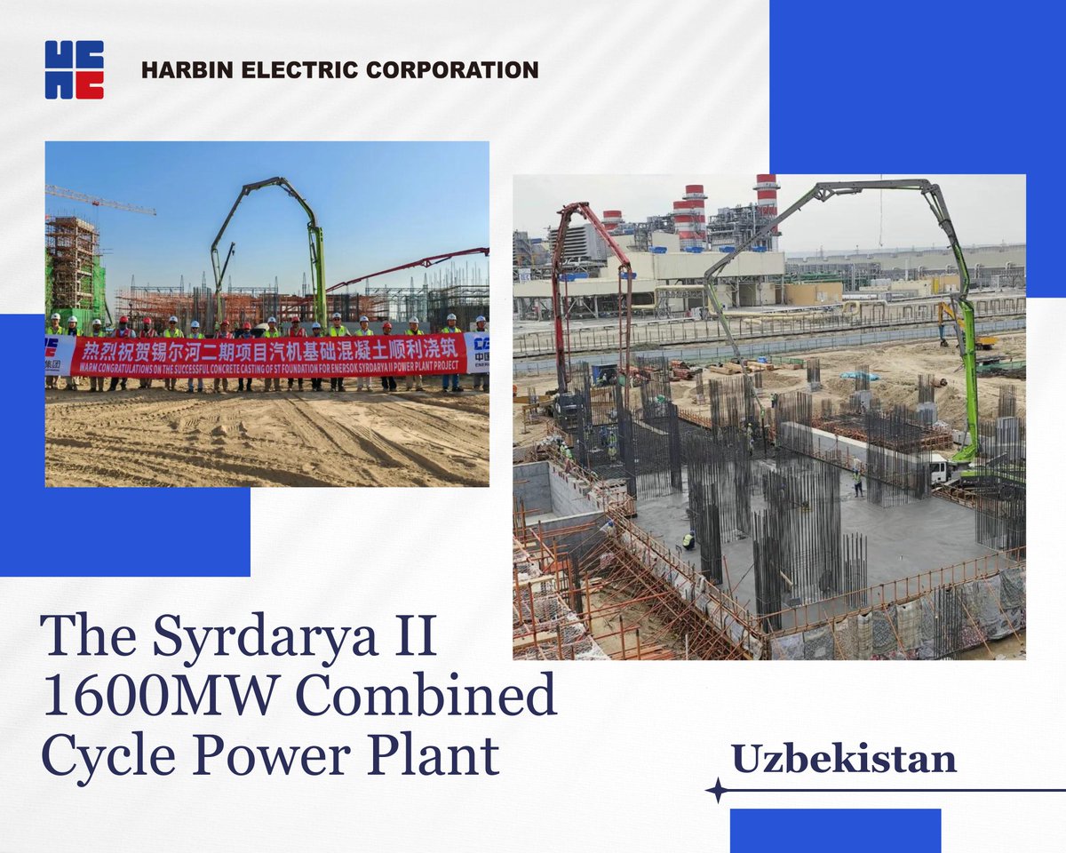 Harbin_Electric's tweet image. Exciting news from the Syrdarya II Project in Uzbekistan! After 31 hours of non-stop work, #HEI has completed the largest concrete pour for the steam turbine foundation, marking another significant milestone. Construction is on track and progressing well. #ProjectUpdate