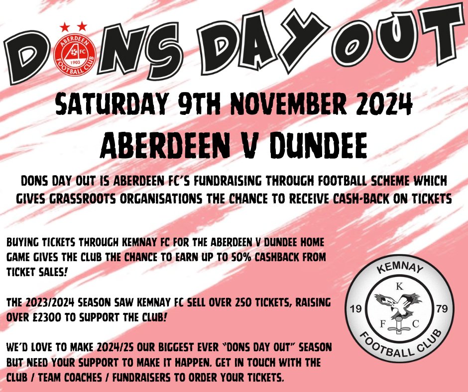 Time is running out to secure your tickets for <a href="/AberdeenFC/">Aberdeen FC</a>  v <a href="/DundeeFC/">Dundee Football Club</a> on Sat 9th Nov! Recent matches have sold out so secure your tickets &amp; help raise funds to support Kemnay FC.

Deadline is Fri 25th Oct! To order tickets contact coaches or team fundraisers!

#standfree