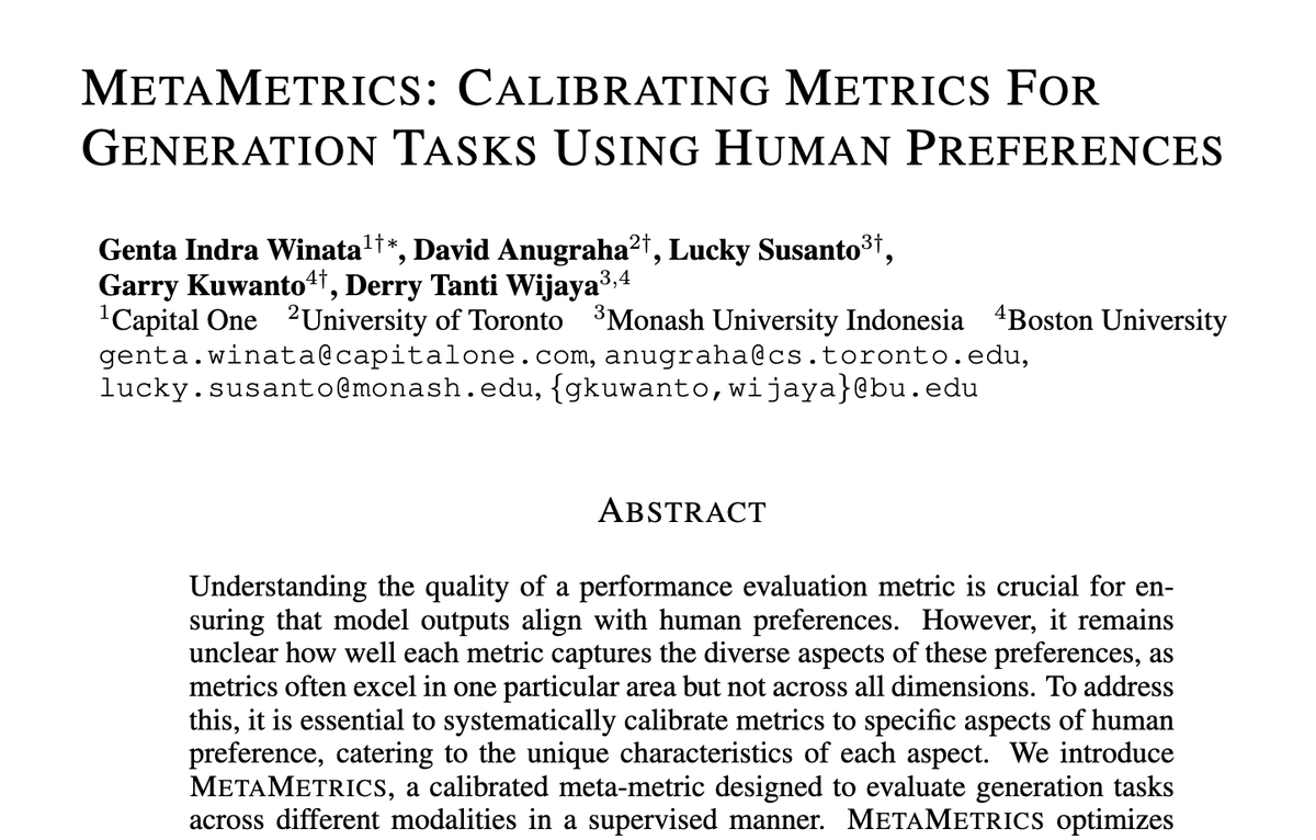 🤔 What is the most effective metric for summarization? Is it 1⃣ BLEU, 2⃣ ROUGE, or perhaps 3⃣ METEOR? 

❔How can we develop a metric that aligns closely with human preferences?

✨We present MetaMetrics, a calibrated meta-metric specifically designed to evaluate generation