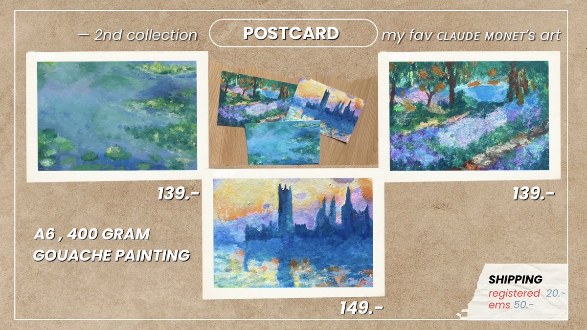 pls rt หาทุนการศึกษา 🙆🏻‍♀️ 
ฝากทุกคน จิ้มคนละ 1 รี 1 เฟบ

postcard 
2st collection • my fav ᴄʟᴀᴜᴅᴇ ᴍᴏɴᴇᴛ’s art 
กระดาษ A6 , 400 แกรม เทคนิคสีกวอช 🎨

— 𝓘 𝓶𝓸𝓷𝓮𝓽 𝔂𝓸𝓾🪷

#painting #สายผลิตงานมือ #ขายงานศิลปะ 

*มีภาพเพิ่มเติมชัดๆ ใน bluesky