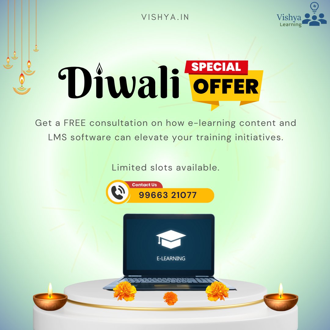 VishyaLearning's tweet image. Celebrate Diwali with a brighter future for your training programs! 🎇✨ Embrace the festive spirit while upgrading your learning initiatives. Limited slots available - DM us to book your consultation today! 🪔🎉

#DiwaliLearning #TrainingSolutions  #vishyalearning #iti