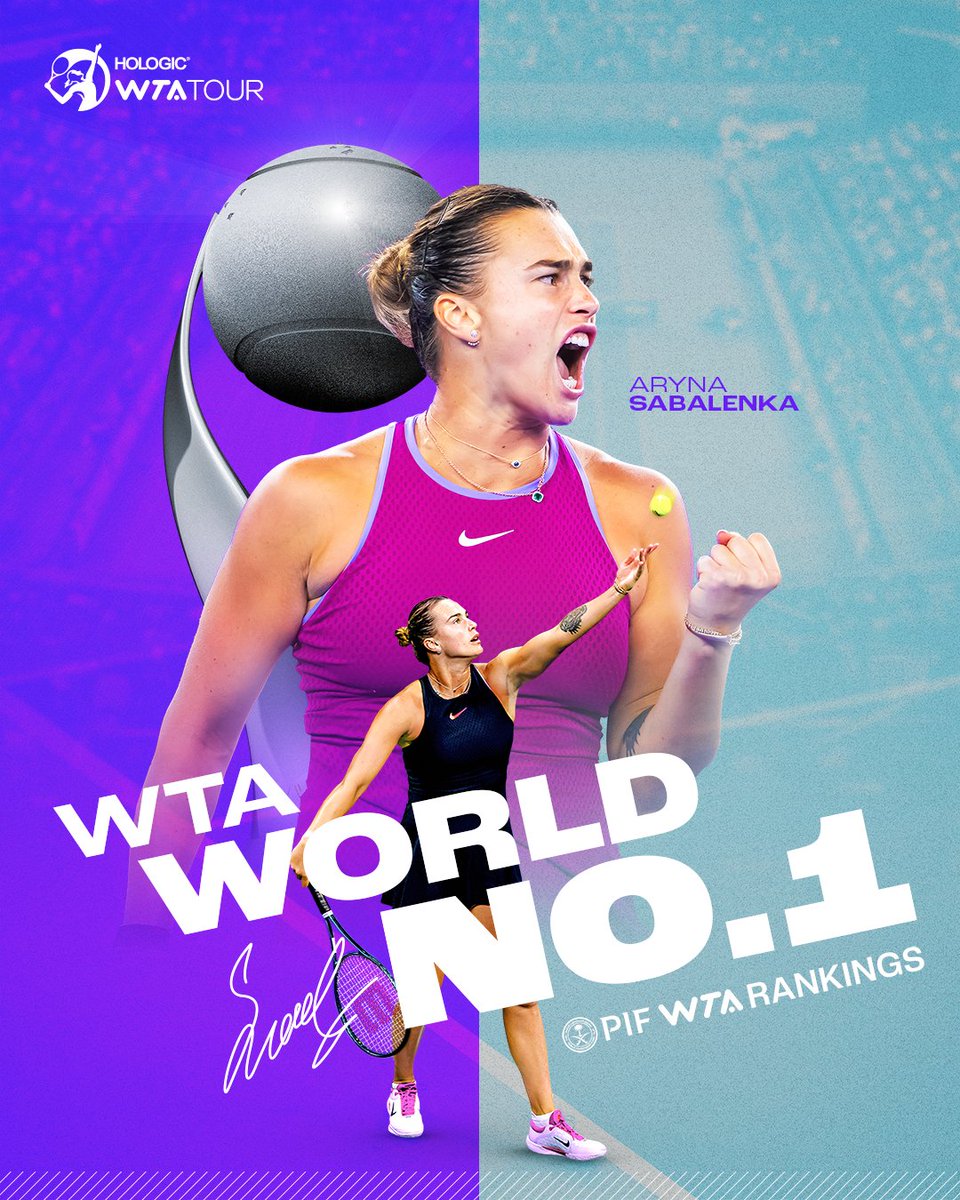 WTA's tweet image. Reclaiming the throne 👑

@SabalenkaA overtakes Swiatek and returns to #PIF WTA World No.1!