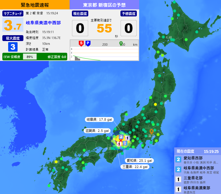 EqAlarm's tweet photo. [緊急地震速報] 15:19:27現在
第2報 予報
発生時刻：15:19:11
震央情報：岐阜県美濃中西部
震源情報：35.3N 136.7E 10km
地震規模：M3.7 最大震度：3
予想震度：0.0 猶予時間：あと55秒 https://t.co/nrKA71YVnx