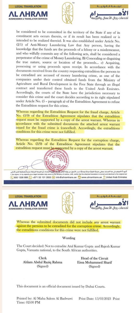 Dubai Judgment on SA Guptas extradition- 13/02/2023:

Extradition requests must include a copy of an arrest warrant for each charge:

1. Fraud charge - SA submitted a cancelled arrest warrant.
2. Corruption charge - SA did not submit an arrest warrant.

Court decides not to