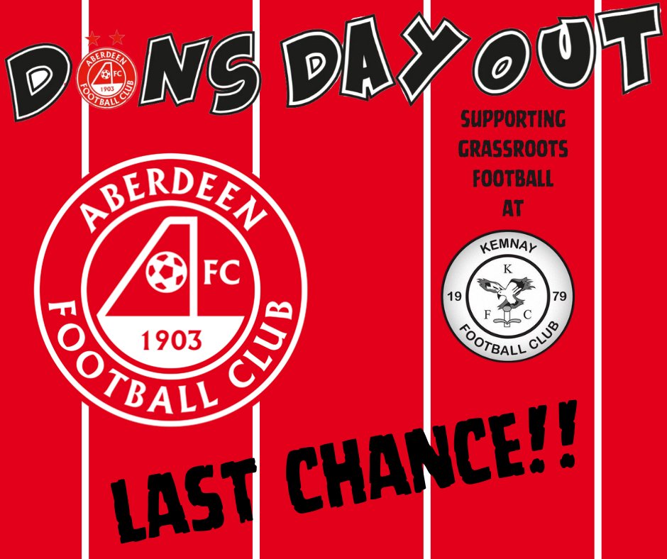 Last chance to secure your tickets for the Dons Day Out on the 9th November! Join Kemnay FC in cheering on <a href="/AberdeenFC/">Aberdeen FC</a>  as they welcome <a href="/DundeeFC/">Dundee Football Club</a> to Pittodrie.

Get in touch now to secure your tickets as orders close Friday 25th October!

#StandFree