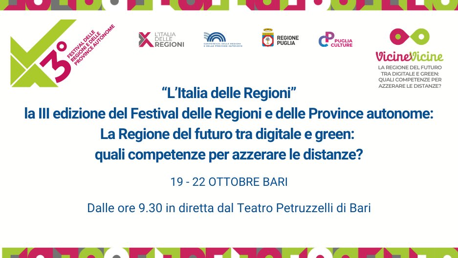 Conferenza delle Regioni (@regioni_it) on Twitter photo 📣 Dal Teatro Petruzzelli di Bari la seconda giornata de l’#ItaliaDelleRegioni, terza edizione del #FestivalDelleRegioni dal titolo "La Regione del futuro tra digitale e green: quali competenze per azzerare le distanze?". 
🖥 In diretta dalle 9.30 youtube.com/live/hwpVznNwE… 📣 Dal Teatro Petruzzelli di Bari la seconda giornata de l’#ItaliaDelleRegioni, terza edizione del #FestivalDelleRegioni dal titolo "La Regione del futuro tra digitale e green: quali competenze per azzerare le distanze?". 
🖥 In diretta dalle 9.30 youtube.com/live/hwpVznNwE…