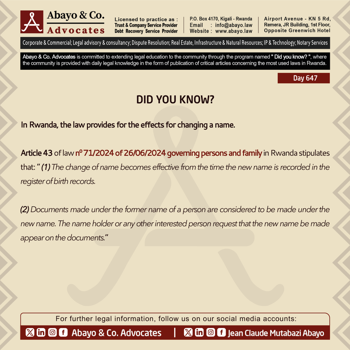 Abayo_Advocates's tweet photo. ◉  Are you aware of the effects of changing a name?

This is what the law provides 👇🏽 

#ReadtoKnowtheLaws #SomaUmenyeAmategeko #TumenyeAmategekoAtugenga #bestlawfirminrwanda #bestlawyersinrwanda #Lawyersnearme #law #Rwanda #Rwandan #Rwandans #kigali #RwOT @AbayoClaude @harerimana_tito @gateteviews @BiraboneyeVicky @BasileUwimana @HubertSugira @NadegeUmutoni @cless_jmarc @joselyinechap