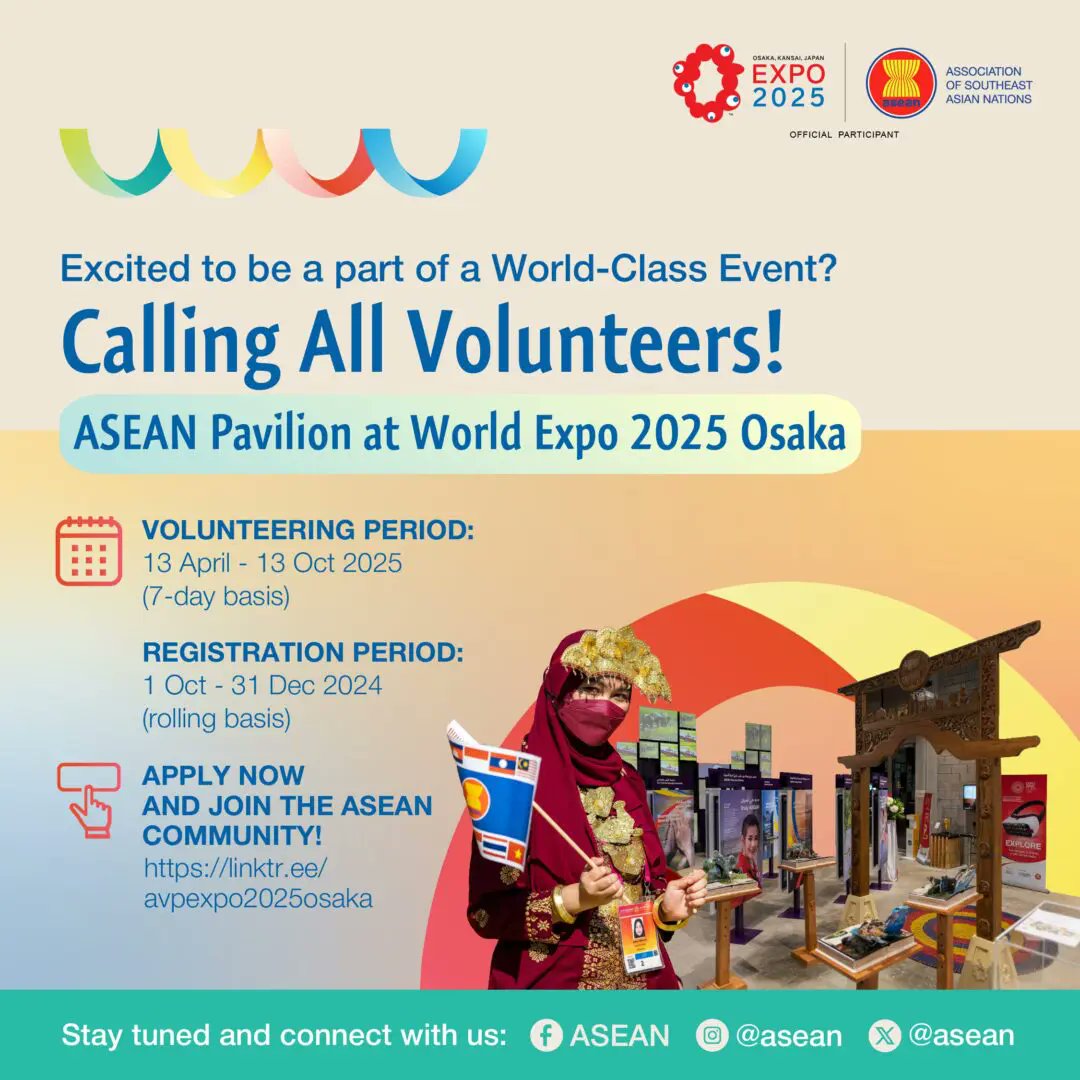 Calling for Volunteers for the ASEAN Pavilion at EXPO 2025 Osaka, Kansai!

Currently, ASEC is looking for volunteers to help assist the operation of the "ASEAN Pavilion" at EXPO 2025 Osaka, Kansai to work together in showcasing the charms of ASEAN!

asean.or.jp/en/announcemen…