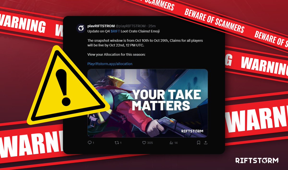 playRIFTSTORM's tweet photo. Hey everyone, we’ve just reported a fake account pretending to try to pass off some Loot Crate or Allocation. THIS IS A SCAM. Please avoid engaging with that tweet. We hope it’ll be removed soon.

Always check for our verified badges and stick to our official channels:
X: @playRIFTSTORM, @confictionlabs, @xpsr_
Instagram: @playRIFTSTORM
TikTok: @riftstormgame
Websites: https://t.co/r1OYgrRRBV, https://t.co/cPSc9LobOB

If it’s not from these accounts, it’s not us. Stay safe and mindful of potential scams.