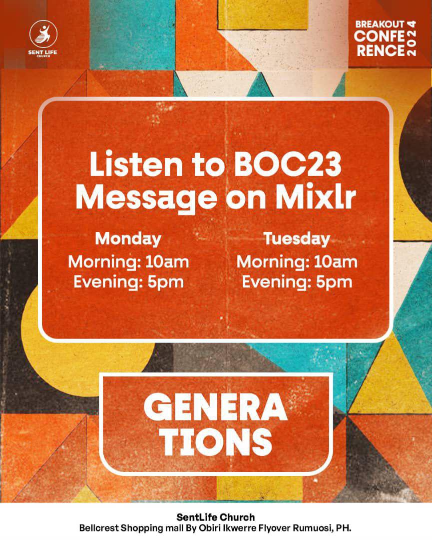 We are officially In BOC24 week! 

To prepare you for what is to come; all messages from BOC23 will be aired on MIXLR By 10am and by 5pm, today and tomorrow. Tune and listen as you go about your day. 

You will be so blessed! 

MIXLR Link/handle: Sentlifechurch.mixlr.com