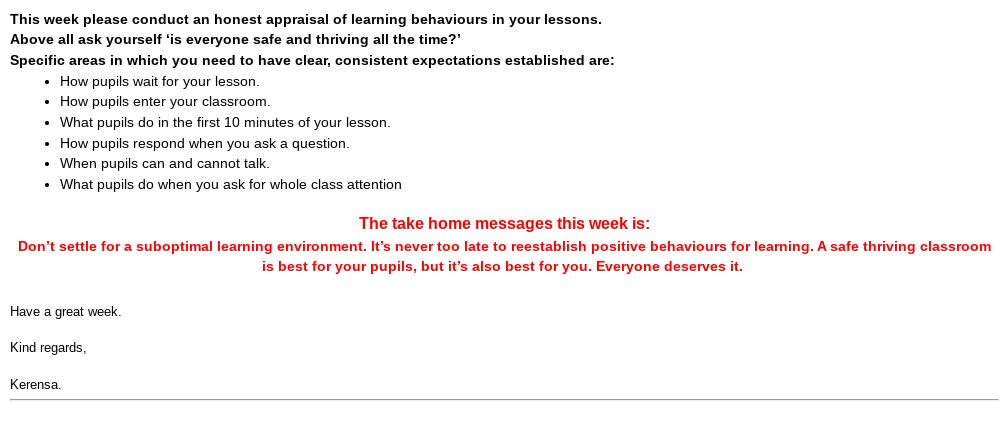 This one's on time!
Monday Morsel: Academic year 24-25. Term 1. Week 8B.
'Behaviour - Review, reset, &amp; reestablish. Don't settle for less'
drive.google.com/file/d/1MiYlQd…
Thanks to <a href="/teacherhead/">Tom Sherrington</a> for this weeks' resource.