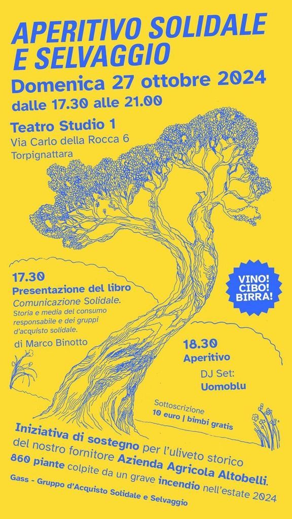 Domenica 27 a #Roma presentiamo il mio libro e durante l'APERITIVO SOLIDALE E SELVAGGIO
🌿 Ore 17:30 Presentazione di “Comunicazione Solidale. Storia e media del consumo responsabile e dei gruppi d’acquisto solidale" (link all'evento Facebook). 
buff.ly/3NEVvJj