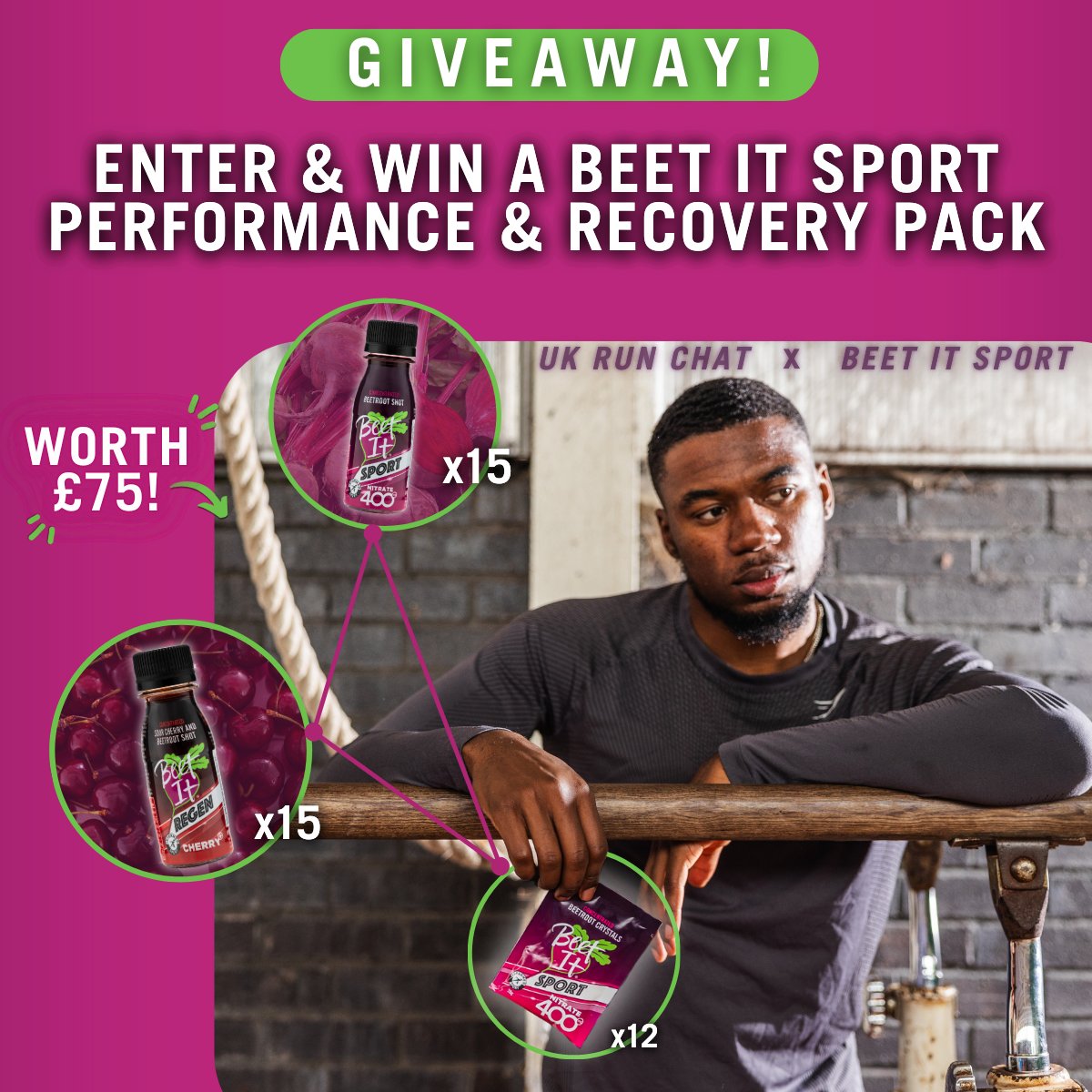 UKRunChat's tweet photo. RT this + follow @BeetItSport to be in the Sunday 27th October 9pm draw for your chance to win a Performance & Recovery Pack worth £75 

We will choose one winner. Good luck! 

The bundle includes 15 Beet It Sport Nitrate 400 shots, 12 Beet It Sport Nitrate 400 crystals, and 15 Beet It Regen Cherry+ shots. This powerful combo offers multiple ways for you to fuel your training and recovery with a natural antioxidant and controlled nitrate edge! 

More details here: https://t.co/9TIwx3guKs

#ad #ukrunchat