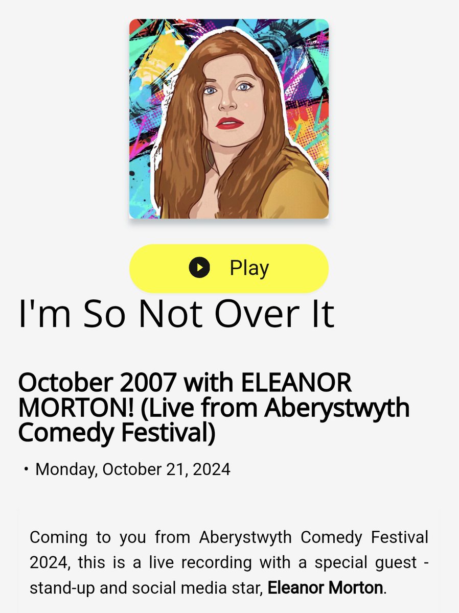 ComedyPodcastDevotees (@comedypodcastde) on Twitter photo Comedy Podcast of the Day
<a href="/ImSoNotOverIt/">I’m So Not Over It</a>
October 2007 with <a href="/EleanorMorton/">Eleanor Morton ($8)</a> (Live from Aberystwyth Comedy Festival) #imSoNotOverIt
podcastaddict.com/i-m-so-not-ove… Comedy Podcast of the Day
<a href="/ImSoNotOverIt/">I’m So Not Over It</a>
October 2007 with <a href="/EleanorMorton/">Eleanor Morton ($8)</a> (Live from Aberystwyth Comedy Festival) #imSoNotOverIt
podcastaddict.com/i-m-so-not-ove…