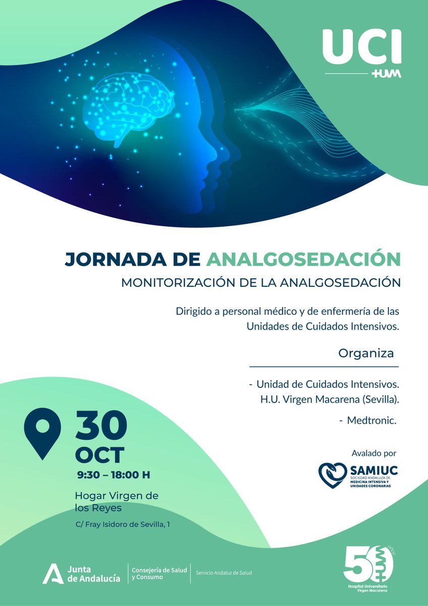 HUVMacarena's tweet image. 🏥El próximo 30 de octubre @ucimacarena organiza una jornada de #analgosedación dirigida a personal médico y de enfermería de las Unidades de Cuidados Intensivos.

+ INFO y programa 👇
hospitalmacarena.es/wp-content/upl…