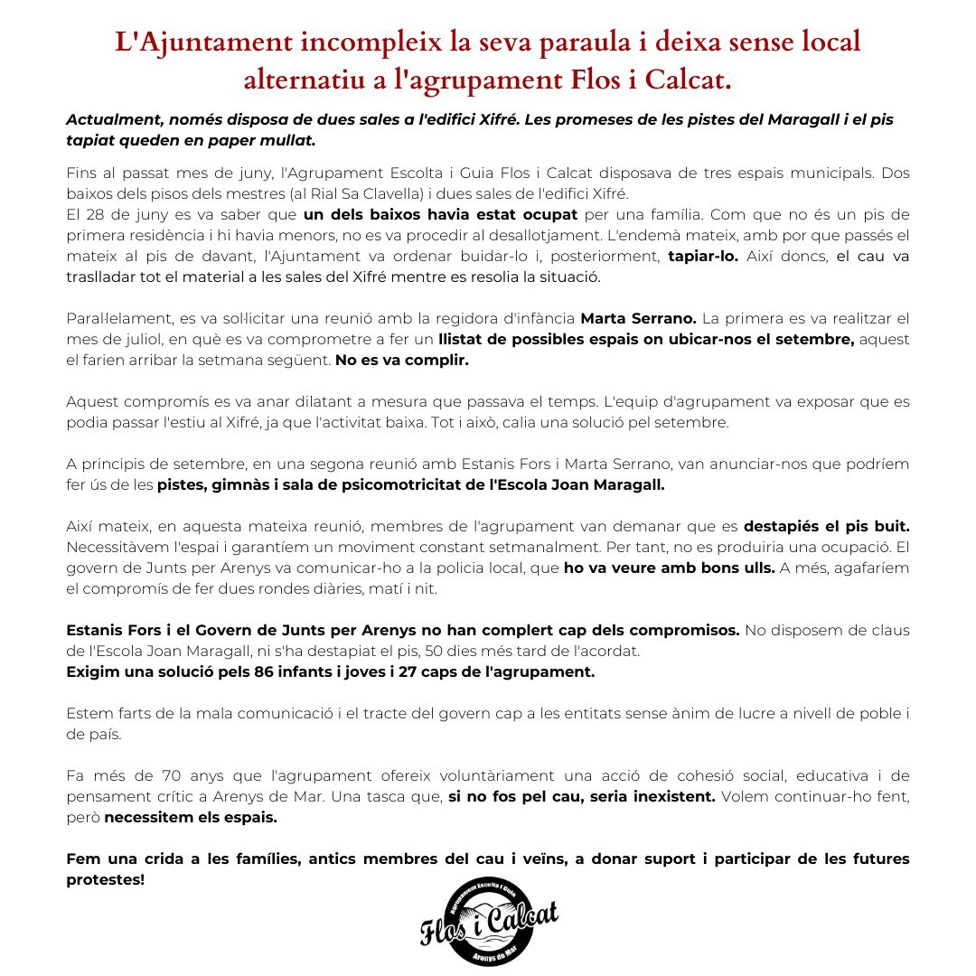 ‼️L'AJUNTAMENT INCOMPLEIX LA SEVA PARAULA I DEIXA SENSE LOCAL ALTERNATIU A L'AGRUPAMENT FLOS I CALCAT

Fem una crida a donar suport i participar de futures protestes✊🏽🫂

⚜️ AEIG FLOS I CALCAT