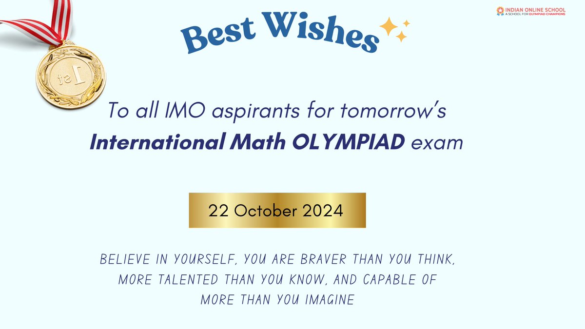 Indianonlinesc1's tweet image. Hello, Mathletes! 🎉

Tomorrow is the International Math Olympiad by SOF! 🧮✨

Keep your spirits high and your minds sharp! ✨

#Olympiad #OlympiadExam #IMO #IMOOlympiad #OlympiadPreparation #InternationalMathOlympiad #MathOlympiad #MathOlympiadExam