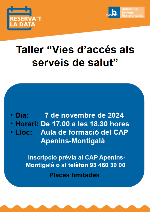 BSABadalona's tweet photo. 🆕 Taller 'Vies d’accés als serveis de salut'

📆 7 de novembre de 2024
🕓 De 17 a 18.30 hores
📍 Aula de formació del CAP Apenins-Montigalà

⏱ Inscripció prèvia al mateix centre o al telèfon 93 460 39 00. Places limitades!

Més informació ⤵️ https://t.co/MjRyHJUlNa