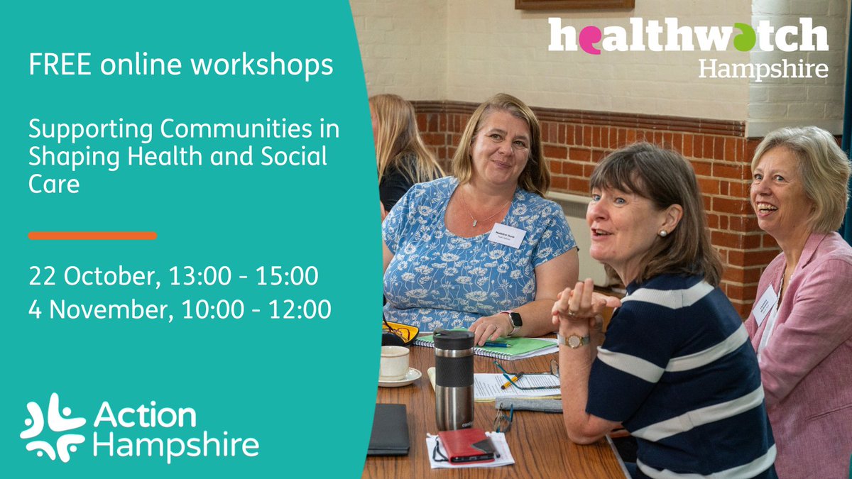 HOW CAN HEALTH AND SOCIAL CARE SERVICES BETTER SERVE YOUR COMMUNITY?

📆 22 October, 13:00-15:00  
Register here: lght.ly/cie87o0

📆 4 November, 10:00-12:00 
Register here: lght.ly/acc45gm

#HampshireHealth #CommunityCare #Healthwatch