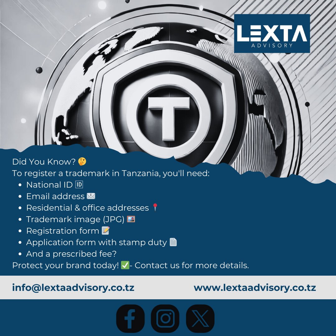 LextaAdvisory's tweet photo. Trade and Service Marks registrations in Tanzania.

#Lextaadvisory

#lawfirm

#advisoryservices

#WeareLexta

#Tanzania

Should you have any questions, do not hesitate to reach out to us through info@lextaadvisory.co.tz or visit us at https://t.co/0kJ6LOxZ6Y for more insights. https://t.co/o14lPgzUKa