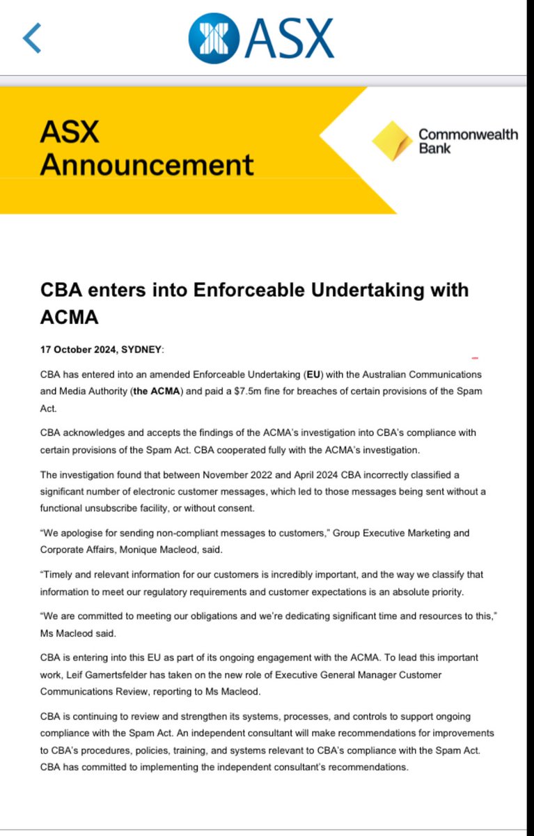 ShaunCGath's tweet image. Oops. ⁦⁦@CommBank⁩ fesses up to accidentally bombarding their long suffering customers with (probably) millions (they don’t actually say) of spam messages in direct breach of the law. Penalty: $7.5m. It’s as if the #BankingRC never happened.