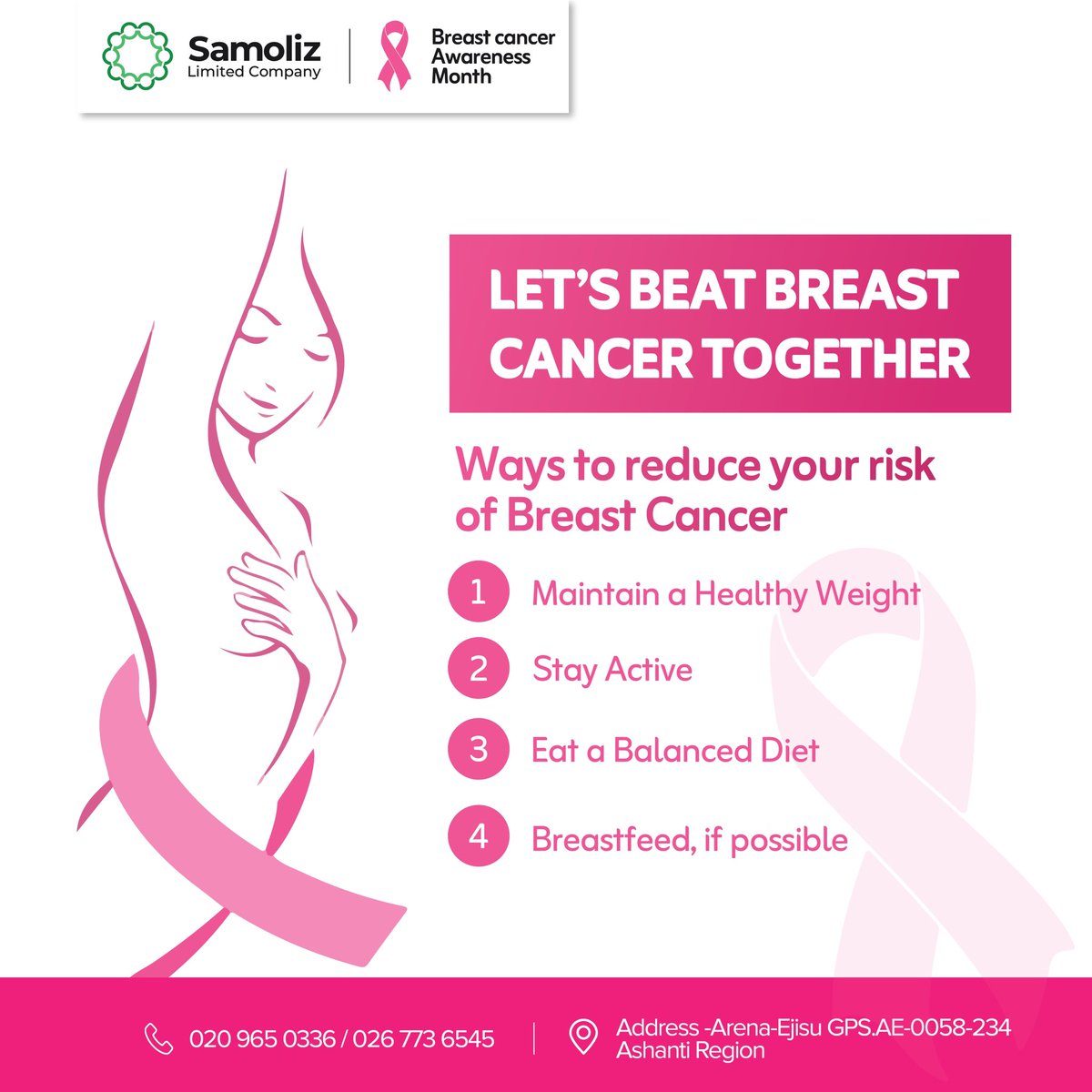 Breast cancer prevention starts with simple, everyday choices! 💕 Follow these easy steps to reduce your risk and take control of your health.#BreastCancerAwareness #samolizltdcompany #samolizcares #HealthyLiving #PreventionMatters #StayInformed #SelfCare