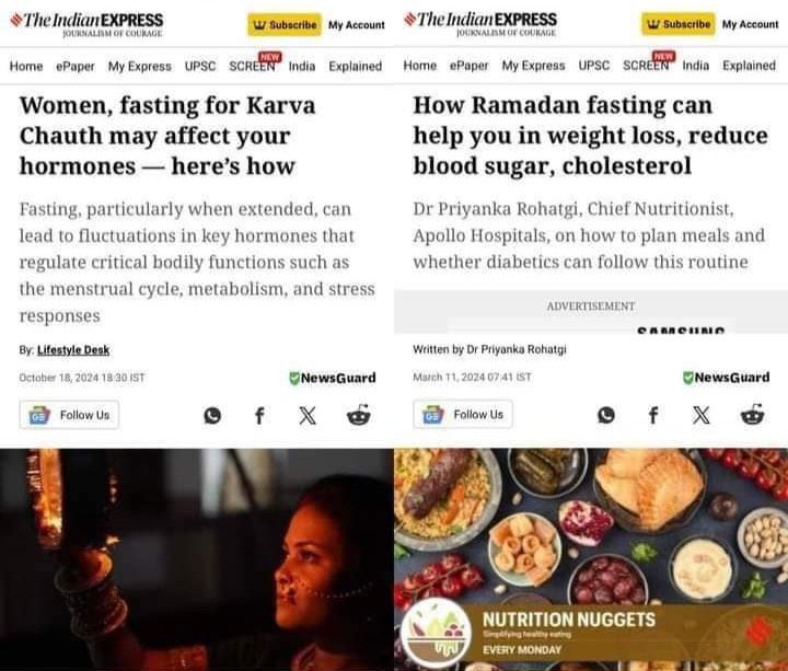 The Hawk Eye (@thehawkeyex) on Twitter photo Fasting done for Ramadan helps in reducing weight, blood sugar etc.
But it may have harmful effects if done for Karva Chauth.
<a href="/IndianExpress/">The Indian Express</a> nihayak hi besharam log hai aap 🙂 Fasting done for Ramadan helps in reducing weight, blood sugar etc.
But it may have harmful effects if done for Karva Chauth.
<a href="/IndianExpress/">The Indian Express</a> nihayak hi besharam log hai aap 🙂