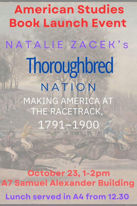 We're very excited for this week's American Studies Book Lunch event to celebrate Natalie Zack's 'Thoroughbred Nation' published through <a href="/lsupress/">LSU Press</a>  Join us at Samuel Alexander A7, Wednesday 23 October from 1-2 pm 🥂