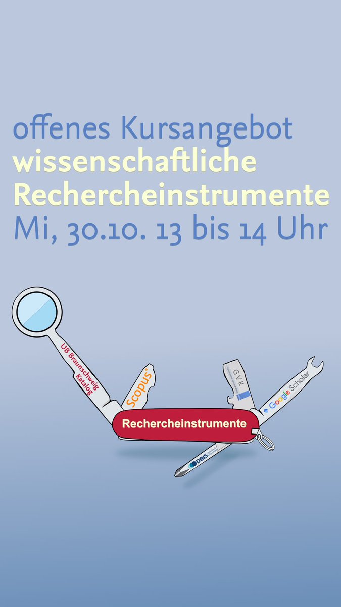 Am 30.10. von 13 bis 14 Uhr bieten wir <a href="/ubbraunschweig/">UB Braunschweig</a> ein offenes Kursangebot zur Einführung in die Auswahl von geeigneten #rechercheinstrumente an. Anmeldefrist ist der 25.10.
Alle Infos &amp; Anmeldung 👉 lnk.tu-bs.de/QnU1LP