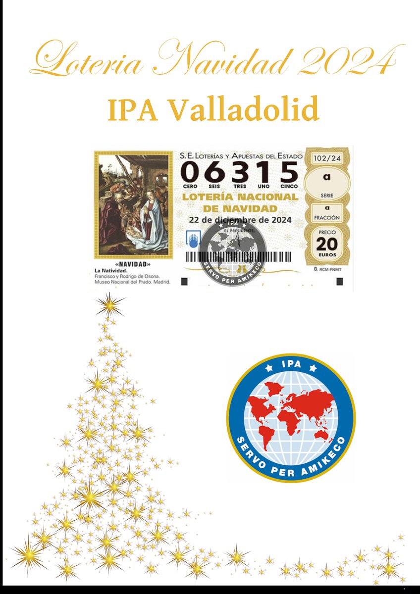 🎅🏼Desde *IPA Valladolid* , un año más queremos compartir con vosotros 🪄 la *MAGIA*  de la Navidad!!! 🎄
Y a ser posible algo de *DINERO* 💰, por ello ya está disponible nuestra lotería.💸
Podéis adquirirla en boletos de *5€* por los cauces habituales!!! 🫰🏼