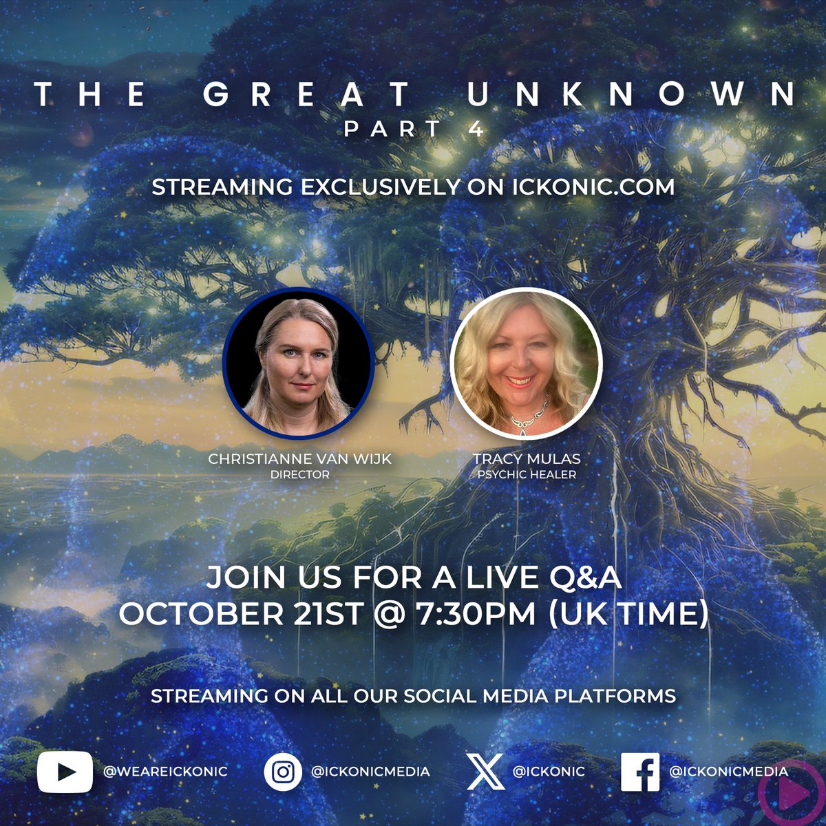 ickonic's tweet photo. The Great Unknown - Part 4 NOW streaming exclusively on https://t.co/bWsTbsV413!

Join us TODAY, Monday 21st of October for a Live Q&A at 7:30 PM (UK Time) with director @chrissyvanwijk and special guest Psychic Healer Tracy Mulas.

#TheGreatUnknown #LifeBeyond #SpiritualJourney #EmbraceTheTransition #Ickonic
