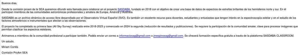 ¿Interesado en participar en un cartografiado espectroscópico de estrellas brillantes de todo el cielo? ¿Interesado en las colaboraciones Profesional-Amater? Si es así, claramente SASDABA (sdc.cab.inta-csic.es/sasdaba/) es tu proyecto.