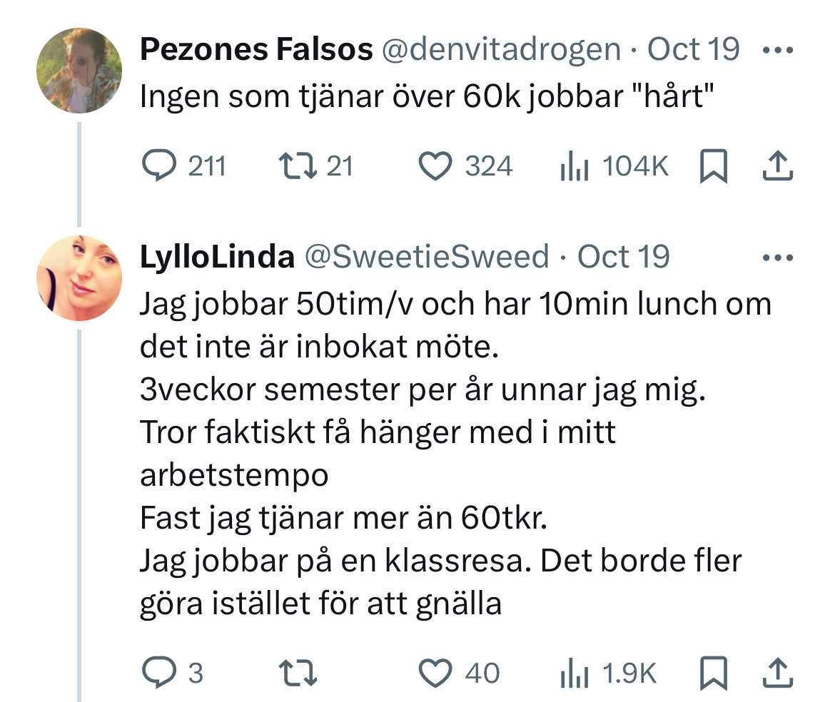 Min post med svaret: ”Jag jobbar 50tim/v och har 10min lunch om det inte är inbokat möte. 3veckor semester per år unnar jag mig. Tror faktiskt få hänger med i mitt arbetstempo Fast jag tjänar mer än 60tkr. Jag jobbar på en klassresa. Det borde fler göra istället för att gnälla”