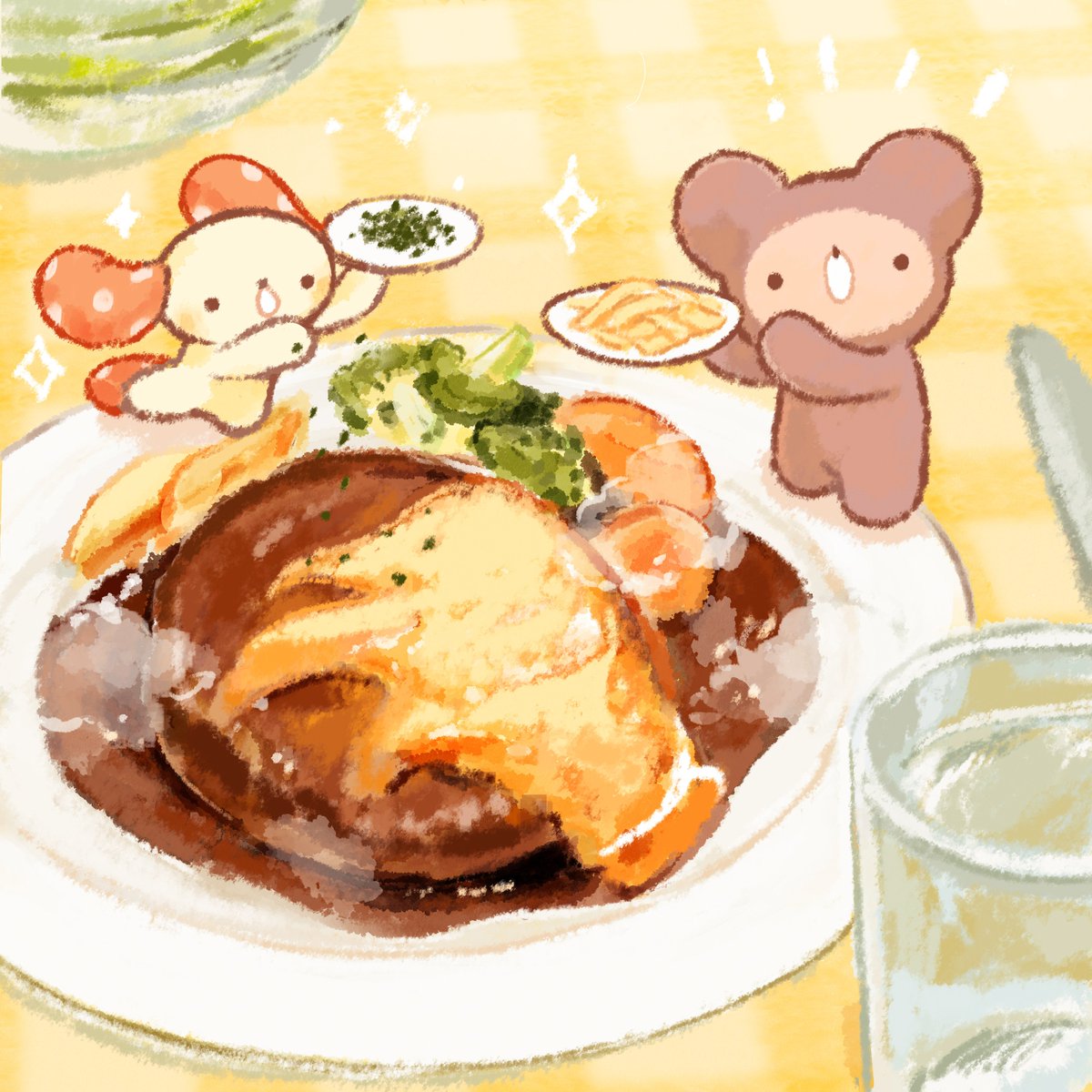 ✨
今日もおつかれさま！

ハンバーグ作ったよ！
もっとチーズ乗せる？🧀

#今日のしいくま #ゆるいイラスト #illustration