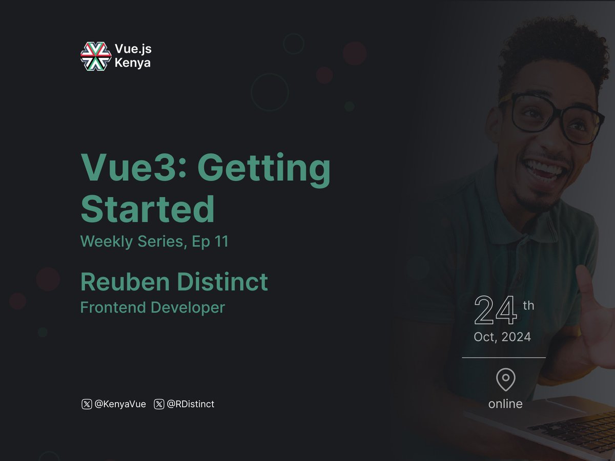 🥁Join us this Thursday for our weekly series featuring <a href="/RDistinct/">Ruben Distinct</a>, a Frontend developer, who will guide us through "Getting Started with Vue 3." Perfect for those ready to dive into the latest Vue features!  RSVP:cutt.ly/1eb3sQls 
🗓️:24th October 
🕐: 8-9 pm