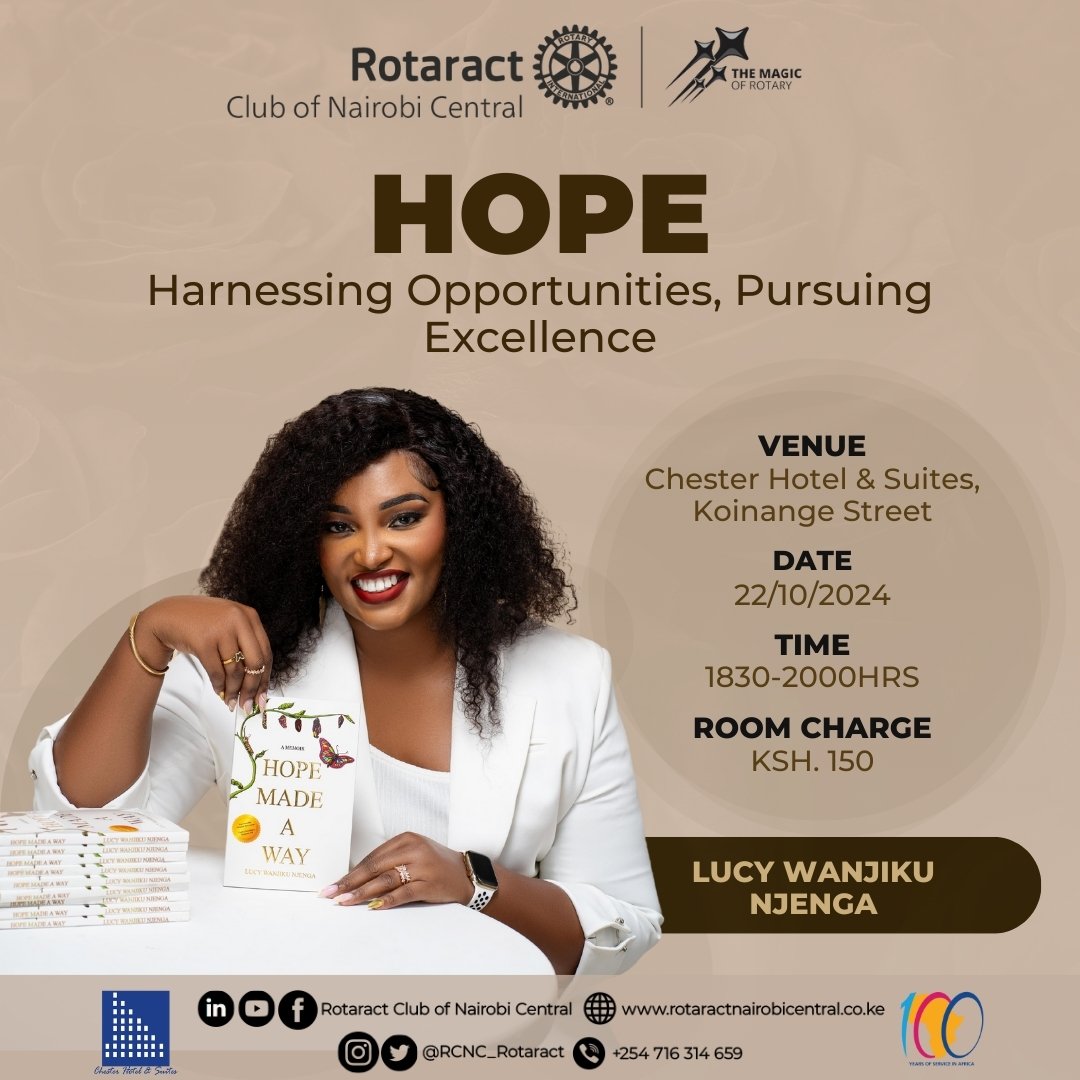 Rotaract Club of Nairobi Central (@rcnc_rotaract) on Twitter photo Have you ever felt overwhelmed by life’s challenges?Ever wondered if hope can truly transform your journey? Are you ready to discover how hope can make a way?Join us for an extraordinary session with <a href="/LucyWanjikuN/">Lucy Wanjiku Njenga</a>. Her journey from adversity to empowerment shows the power of hope Have you ever felt overwhelmed by life’s challenges?Ever wondered if hope can truly transform your journey? Are you ready to discover how hope can make a way?Join us for an extraordinary session with <a href="/LucyWanjikuN/">Lucy Wanjiku Njenga</a>. Her journey from adversity to empowerment shows the power of hope