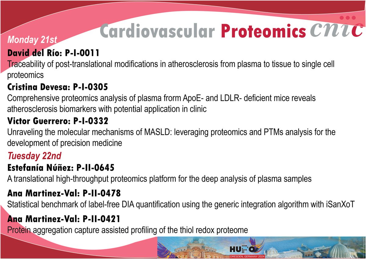 Ana Martinez del Val (@mdval_ana) on Twitter photo Proteomics from <a href="/CNIC_CARDIO/">CNIC</a> is present at <a href="/hupo_org/">Human Proteome</a> 2024 conference! Come and check out our posters today and tomorrow! #cardiovascular #redox #atherosclerosis #ptms <a href="/EstefnuNunez/">Estefania Nuñez</a> Proteomics from <a href="/CNIC_CARDIO/">CNIC</a> is present at <a href="/hupo_org/">Human Proteome</a> 2024 conference! Come and check out our posters today and tomorrow! #cardiovascular #redox #atherosclerosis #ptms <a href="/EstefnuNunez/">Estefania Nuñez</a>