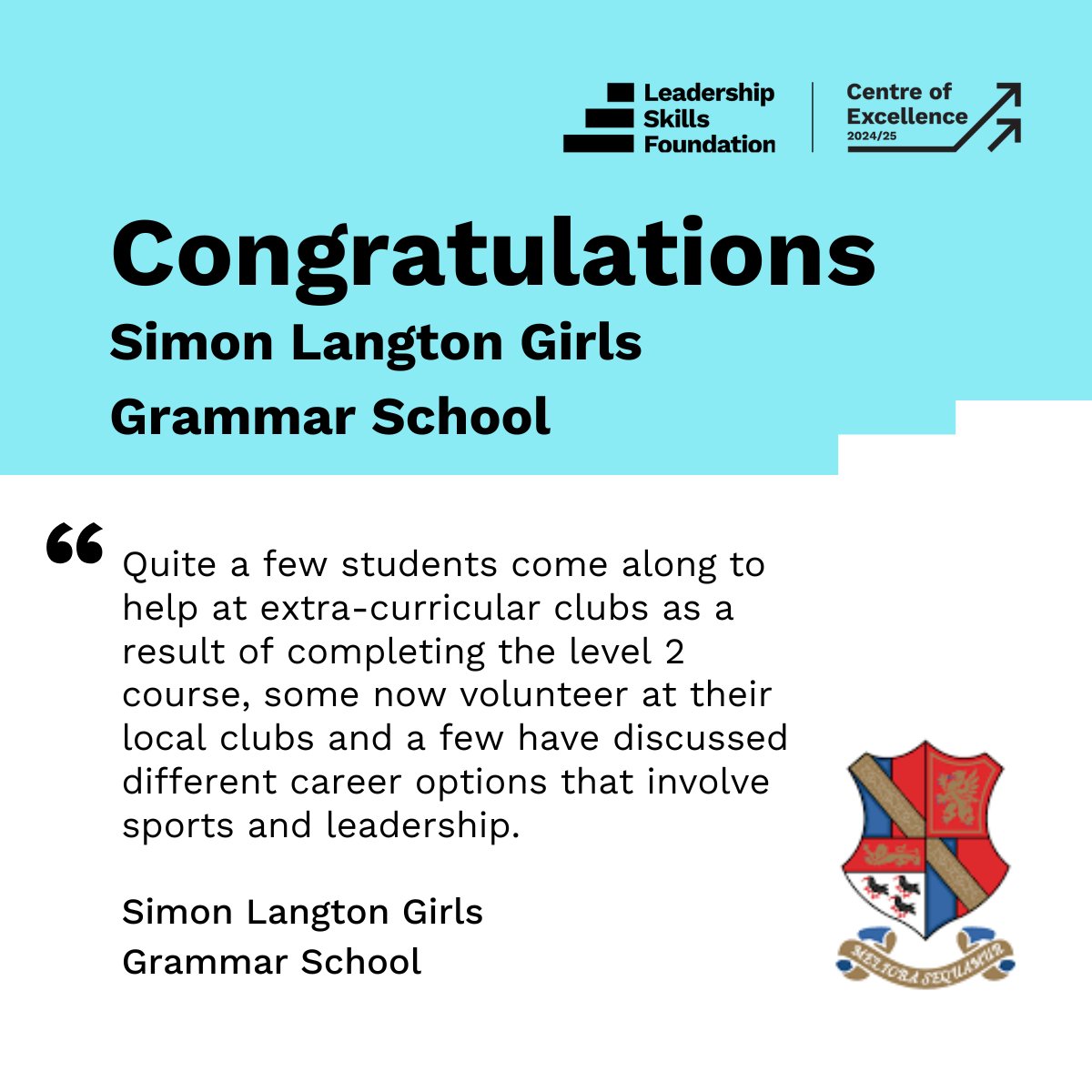 Leadership Skills Foundation (@lshipskillsfdn) on Twitter photo Congratulations to <a href="/LangtonGirls/">@Simon Langton Girls' Grammar School</a>, one of our new Centres of Excellence for 2024/25 🎉 Our panel was blown away by your learners' dedication to using their leadership skills in personal commitments and in their future prospects. Congratulations!
#CentreOfExcellence Congratulations to <a href="/LangtonGirls/">@Simon Langton Girls' Grammar School</a>, one of our new Centres of Excellence for 2024/25 🎉 Our panel was blown away by your learners' dedication to using their leadership skills in personal commitments and in their future prospects. Congratulations!
#CentreOfExcellence