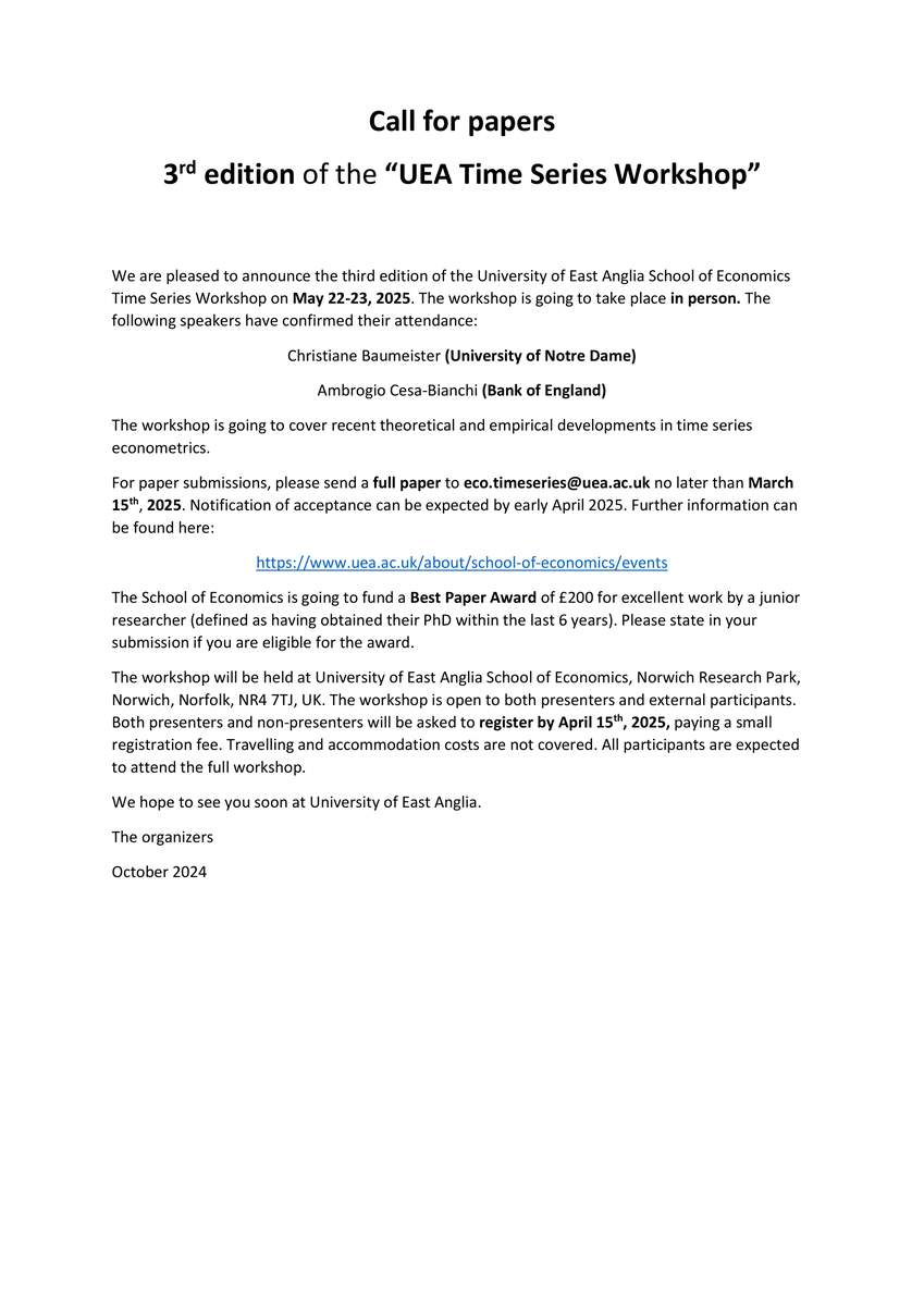 Martin Bruns (@mbecon1989) on Twitter photo The third edition of the University of East Anglia Time Series Workshop is going to take place in person on May 22nd-23rd, 2025. The deadline for full paper submissions is March 15th. More info here: uea.ac.uk/web/about/scho…
#Econtwitter
<a href="/UEA_Economics/">UEA Economics</a>
<a href="/UEAResearch/">UEA Research</a> The third edition of the University of East Anglia Time Series Workshop is going to take place in person on May 22nd-23rd, 2025. The deadline for full paper submissions is March 15th. More info here: uea.ac.uk/web/about/scho…
#Econtwitter
<a href="/UEA_Economics/">UEA Economics</a>
<a href="/UEAResearch/">UEA Research</a>